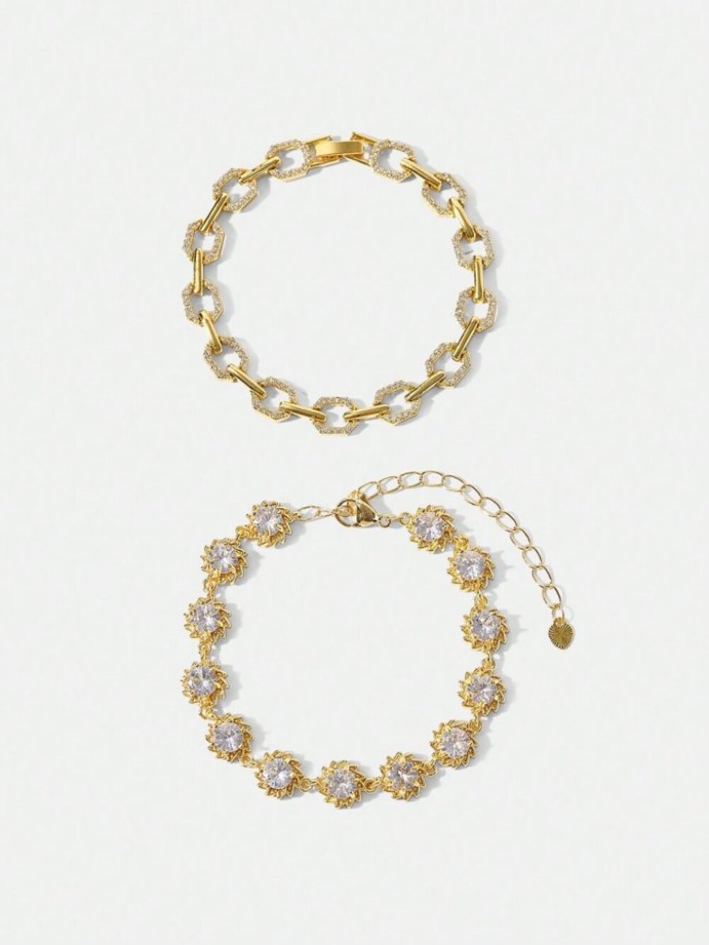 Gold Rhinestone Link Bracelet Set, 2pcs Pave & Floral Cluster